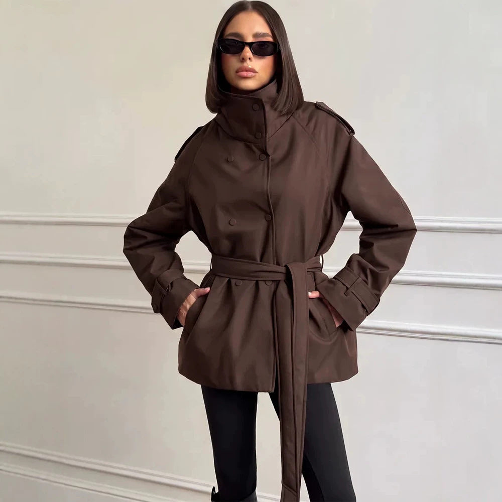 Women Short Technical Trench with High Collar Flap, Double Press Button Placket and Tailoring Tie Belt Amarae