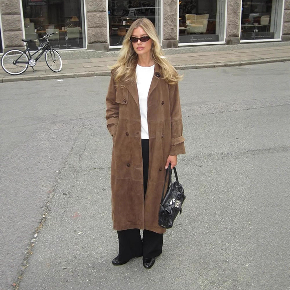 Women's Long Suede Trench Coat with Double-Breasted Buttons Amarae