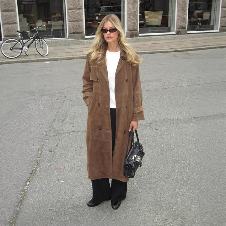 Women's Long Suede Trench Coat with Double-Breasted Buttons Amarae
