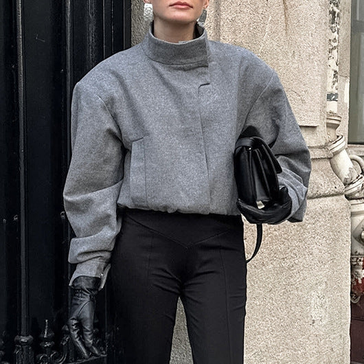 Stylish wool jacket for women with a high collar and balloon sleeves Lune London