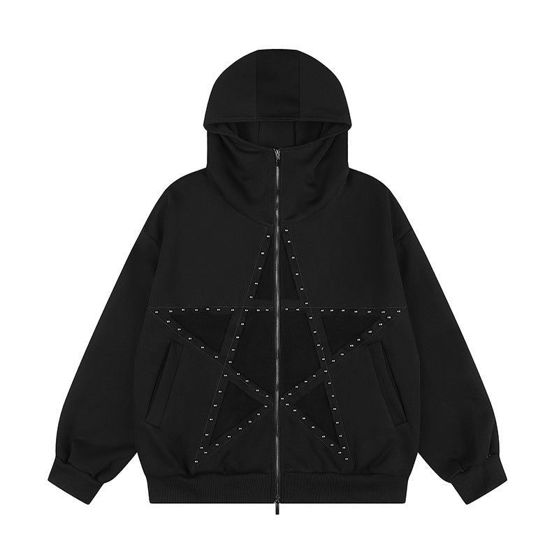 Women's Oversize Hooded Zip Jacket with Studded Star Design and High Collar Amarae