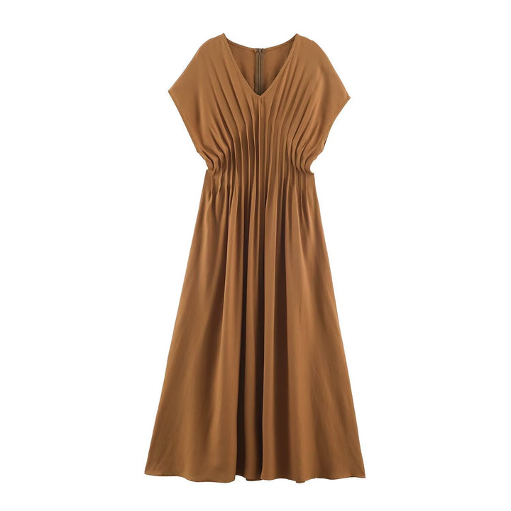 Ladies Pleated Midi Dress with V Neck and Tailored Silhouette Amarae