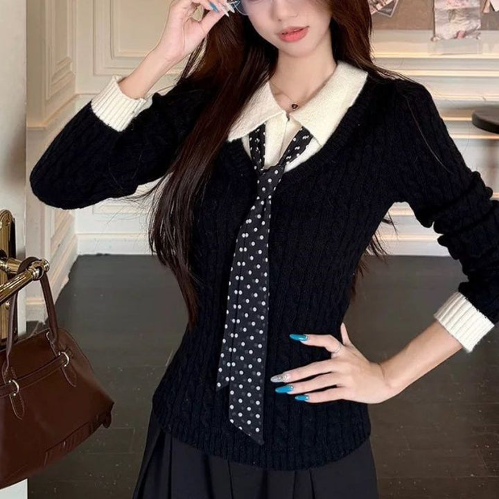 Pull en tricot à côtes pour femmes avec col chemise et cravate Chic & Stil
