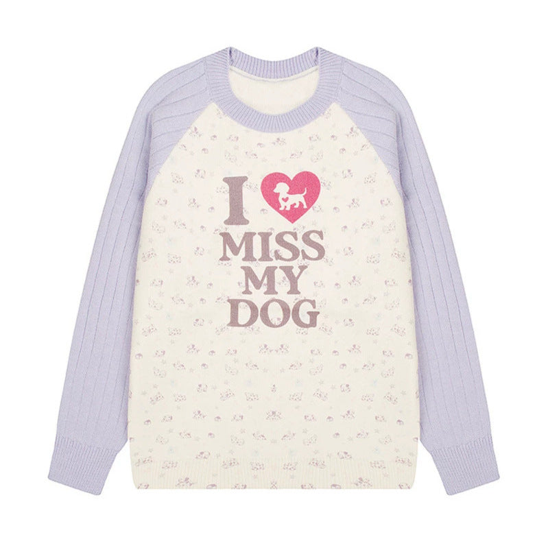 Women's knit sweater with raglan sleeves, allover dog motif and statement print Amarae