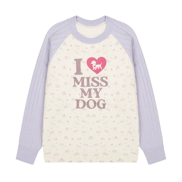 Women's knit sweater with raglan sleeves, allover dog motif and statement print Amarae