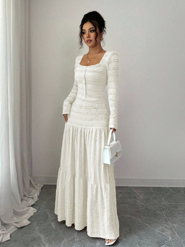 Women's Figure-Hugging Ruffle Maxi Dress with Square Neckline and Button Placket Amarae