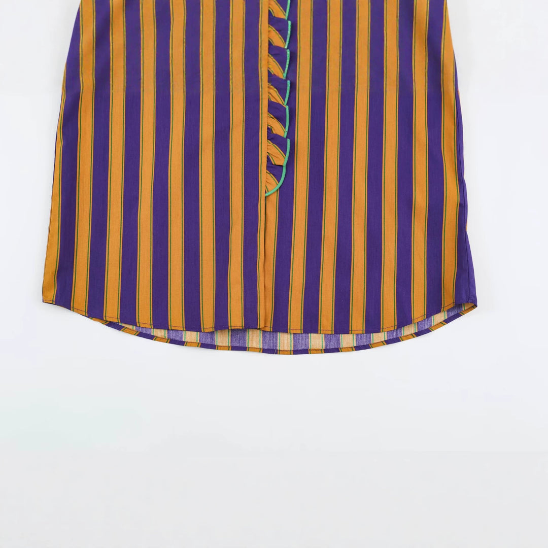 Women's Striped Blouse with Stand-up Collar, Ruffle Trim and Gathered Cuffs Amarae