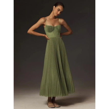 Women's Pleated Maxi Dress with Bustier Top and Flared Skirt Amarae