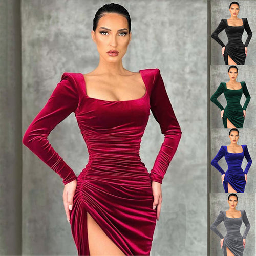 Elegant stretch dress for women with asymmetrical slit and long sleeves Amarae