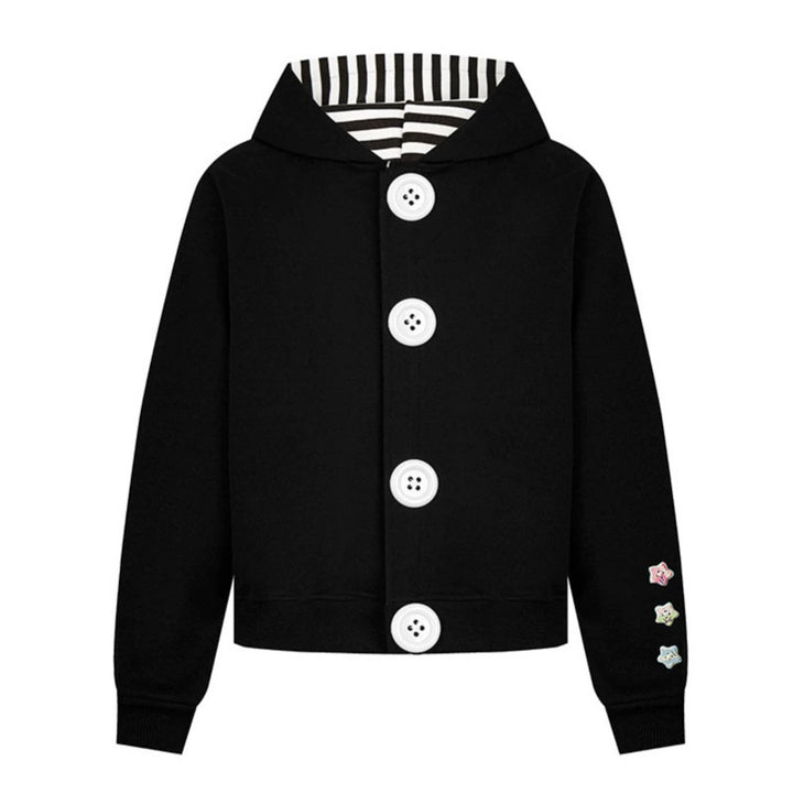 Women's hooded sweat jacket with oversized buttons, striped inner lining, and ribbed cuffs.