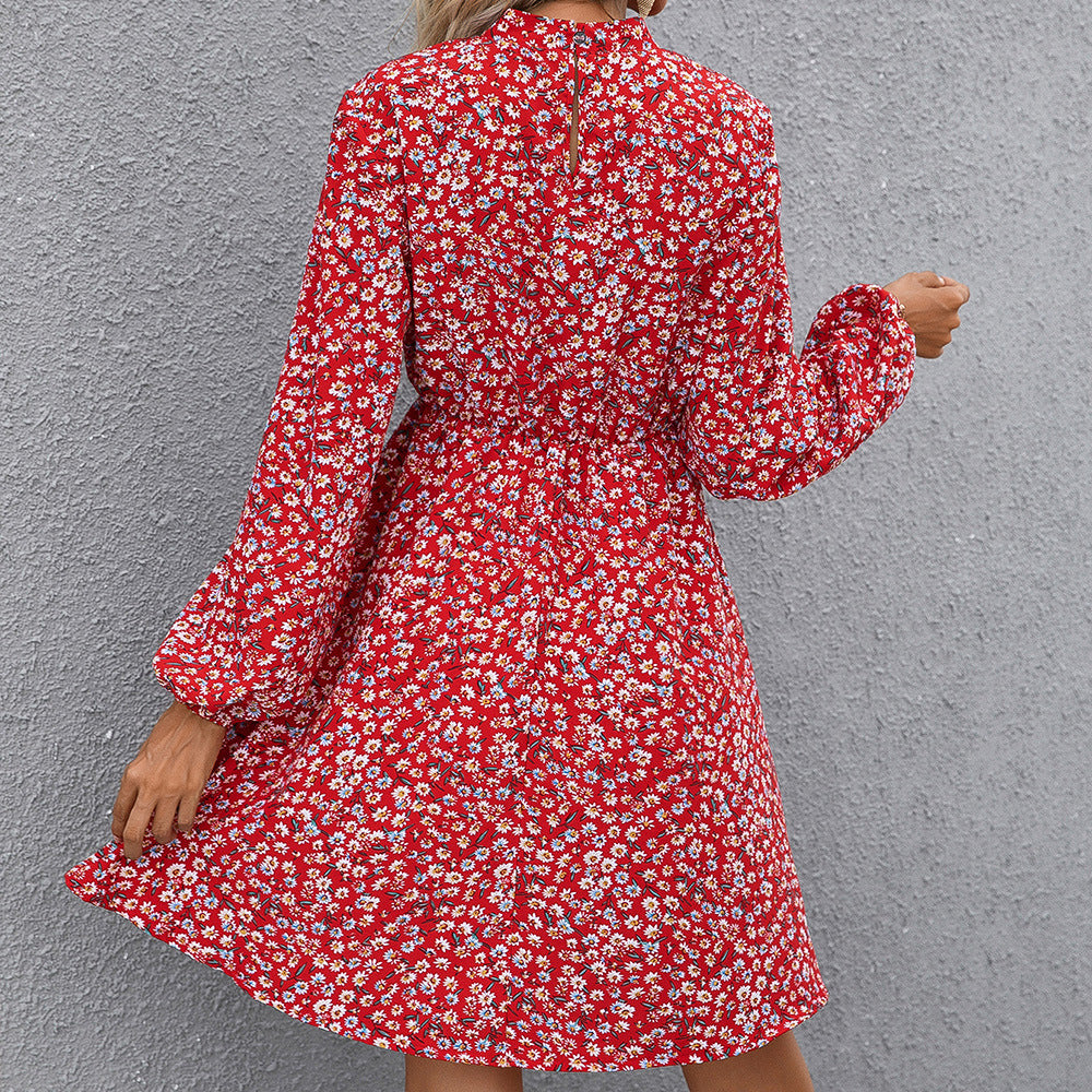 Mid-length floral dress for women with high collar and belt at the waist Lune London