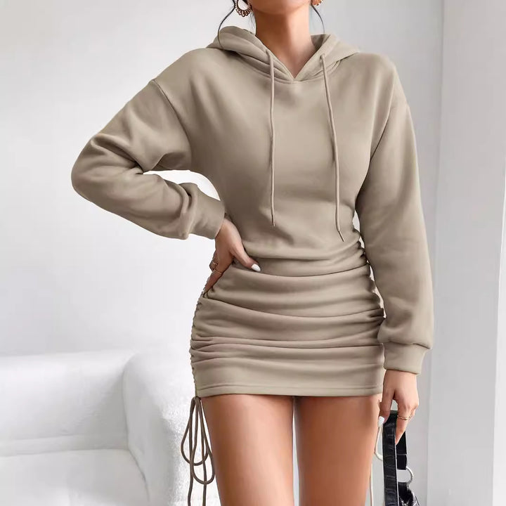 Hooded dress for women with side ruffle design and adjustable drawstring Lune London