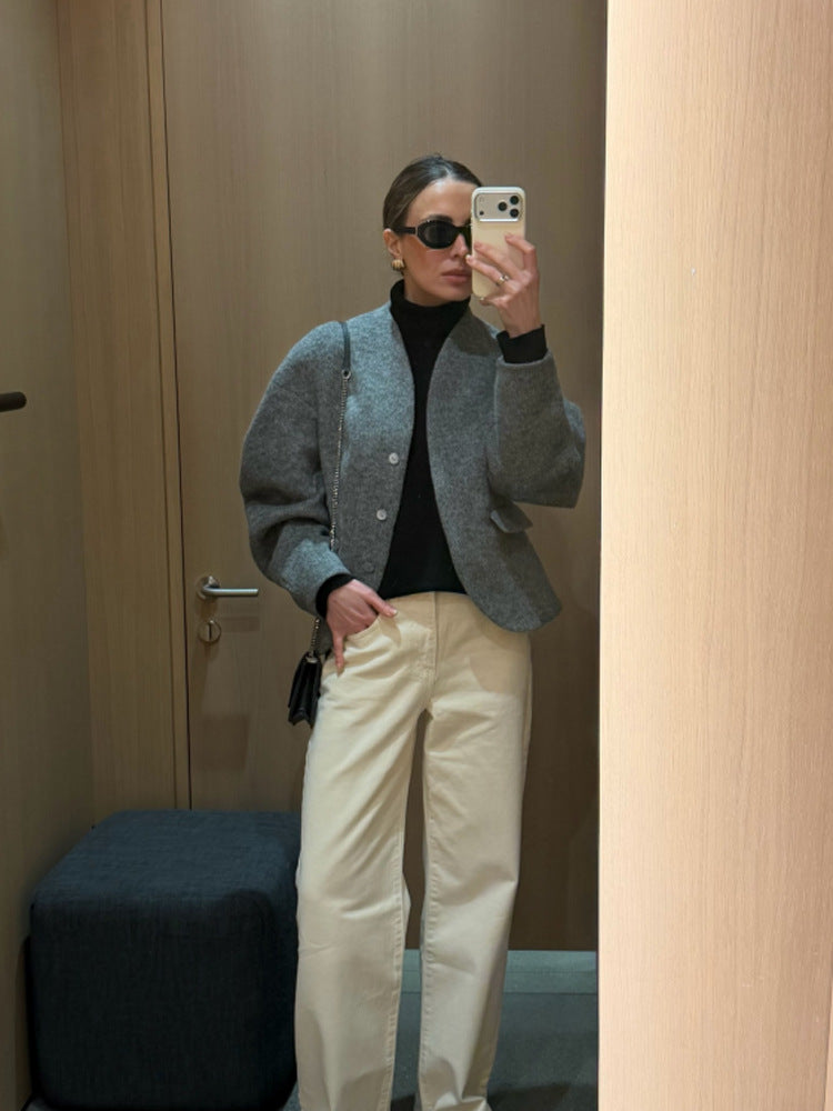 Women's Short Wool Jacket with Balloon Sleeves and Boxy Silhouette Amarae