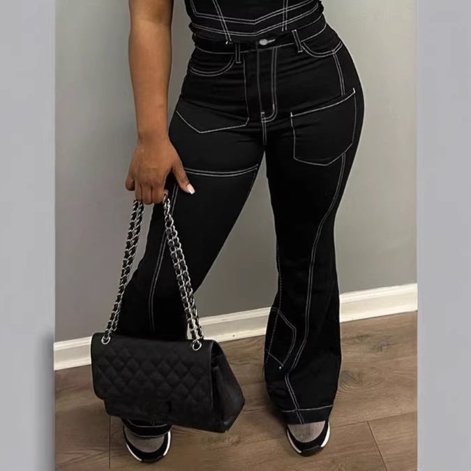 Ladies High-Waist Flared Jeans with Contrast Stitches and Cargo Inserts Amarae