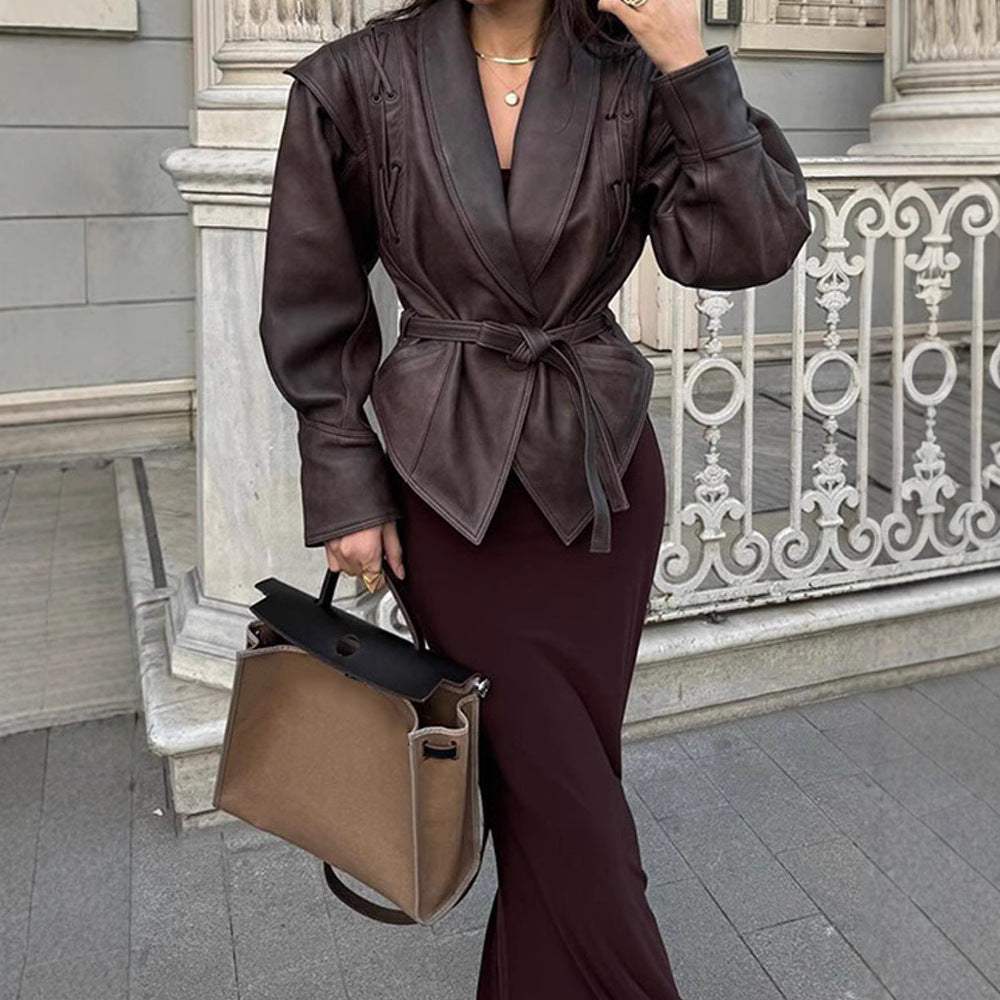Leather blazer for women with decorative laces Lune London