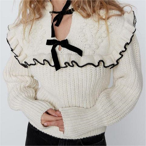 Knitted sweater for women with ruffled collar and decorative bows Amarae