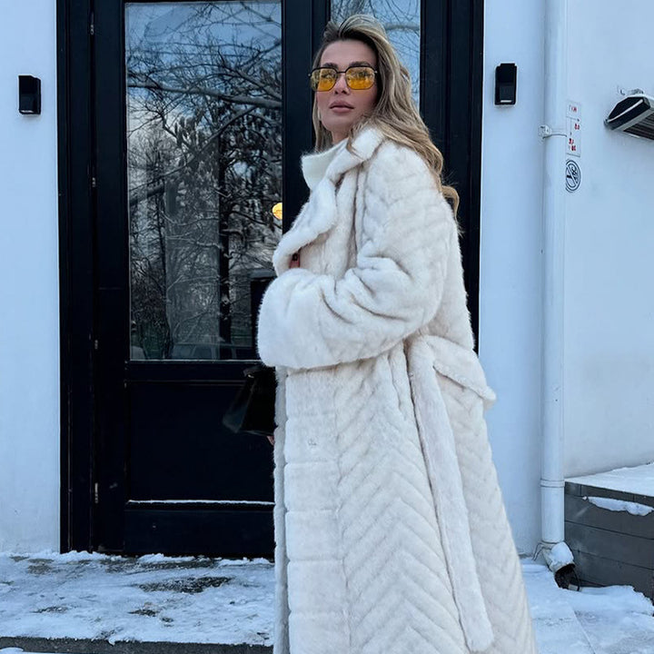 Women's Maxi Faux Fur Coat with Hood and Chevron Quilting Amarae