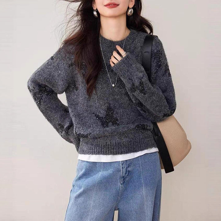 Pull tricoté élégant pour femmes avec des appliqués papillon étincelants Chic & Stil