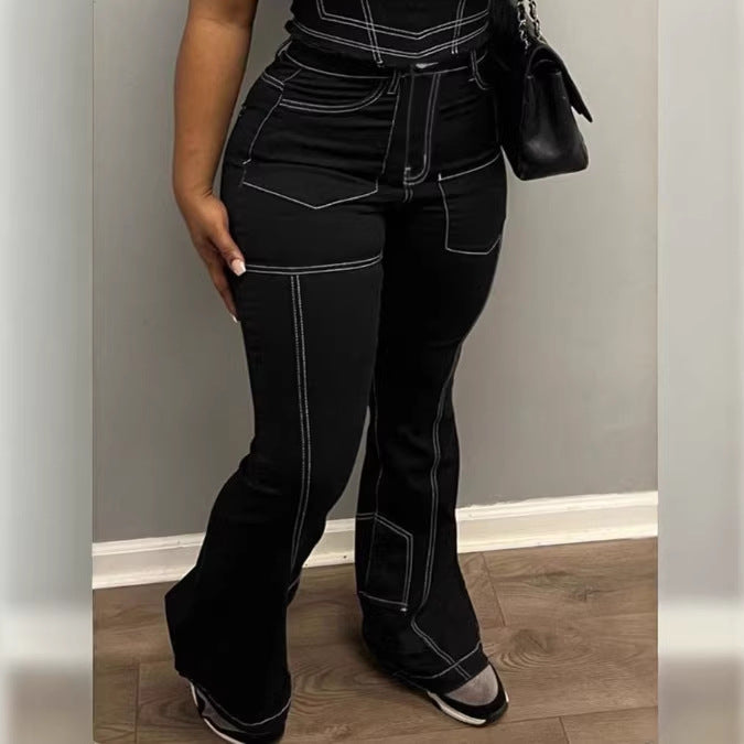 Ladies High-Waist Flared Jeans with Contrast Stitches and Cargo Inserts Amarae