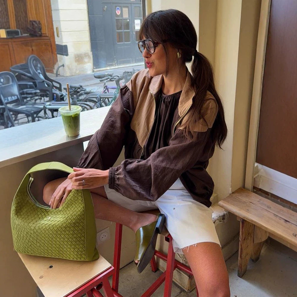 Women's short cut multicolored bomber jacket with drawstring, raglan sleeves, and zipper Amarae