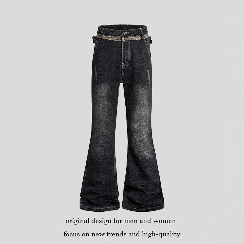 Women's High Waisted Flared Jeans with Adjustable Hip Straps and Vintage Wash Amarae