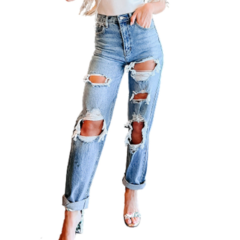 Chic & Stil women's high-waisted ripped boyfriend jeans