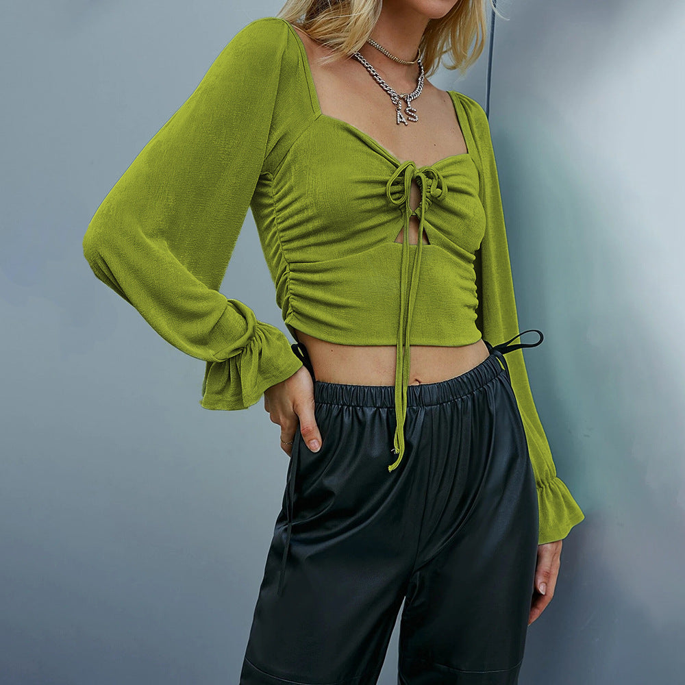 Chic & Stil Women's Short Long Sleeve Shirt with Complex Ruffle Patterns and a Tying Detail