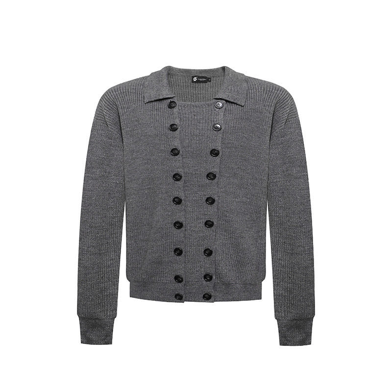 Men's Double-Breasted Knit Cardigan with Shirt Collar and Ribbed Cuffs Amarae