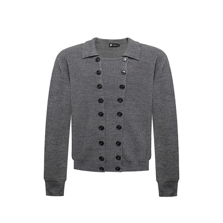 Men's Double-Breasted Knit Cardigan with Shirt Collar and Ribbed Cuffs Amarae