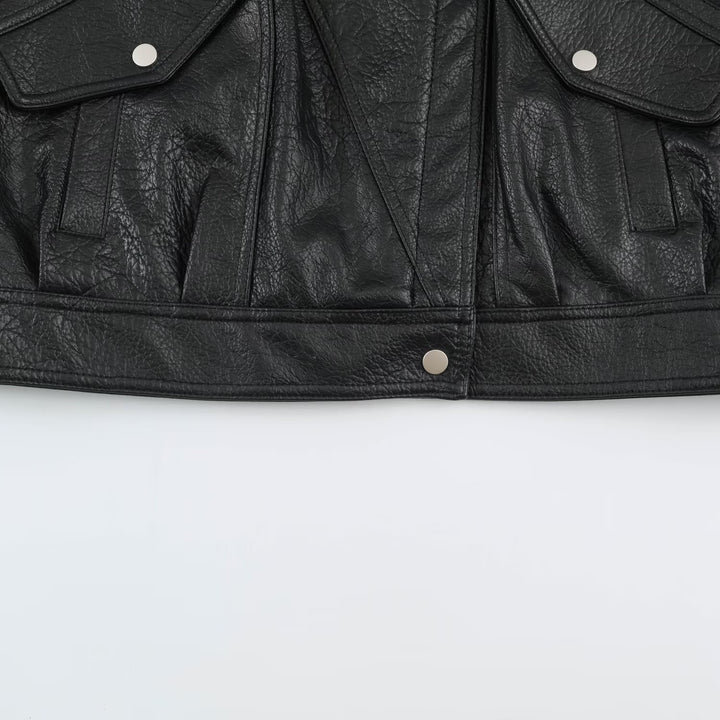 Women's Oversized Faux Leather Cape Jacket with High Standing Collar and Flap Pockets Amarae