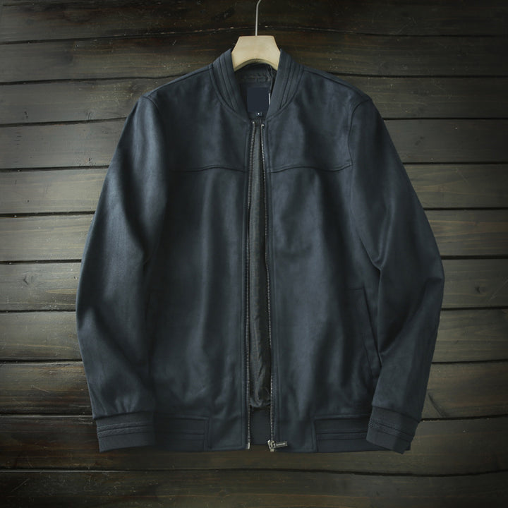 Men's leather bomber jacket with ribbed collar, concealed zipper, and side pockets Amarae