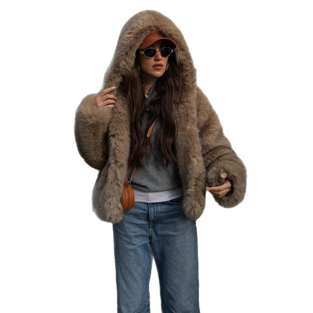 Women's Boxy Faux Fur Jacket in Teddy Look with Oversized Shawl Collar Amarae