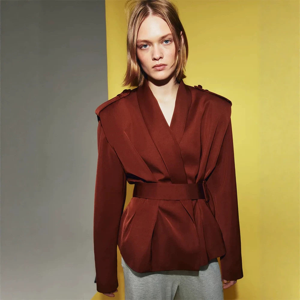 Women Tailored Wrap Blazer with Wide Belt and Decorative Epaulettes Amarae