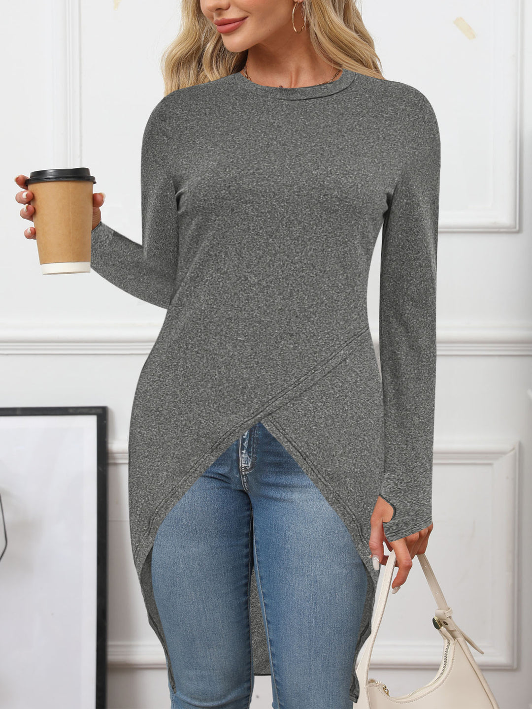 Ladies asymmetrical long sleeve top with elegant wrapped design Lune London