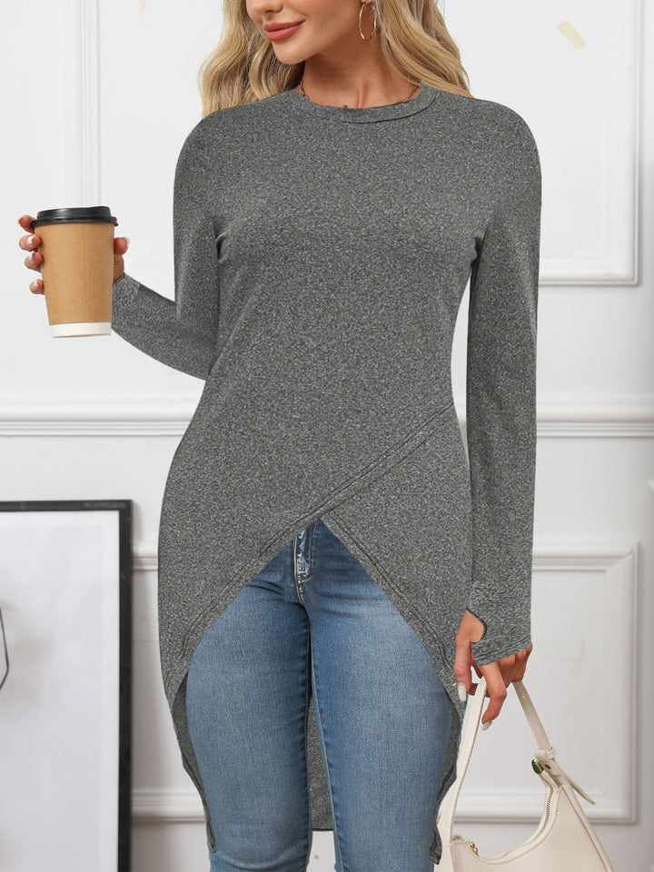 Ladies asymmetrical long sleeve top with elegant wrapped design Lune London