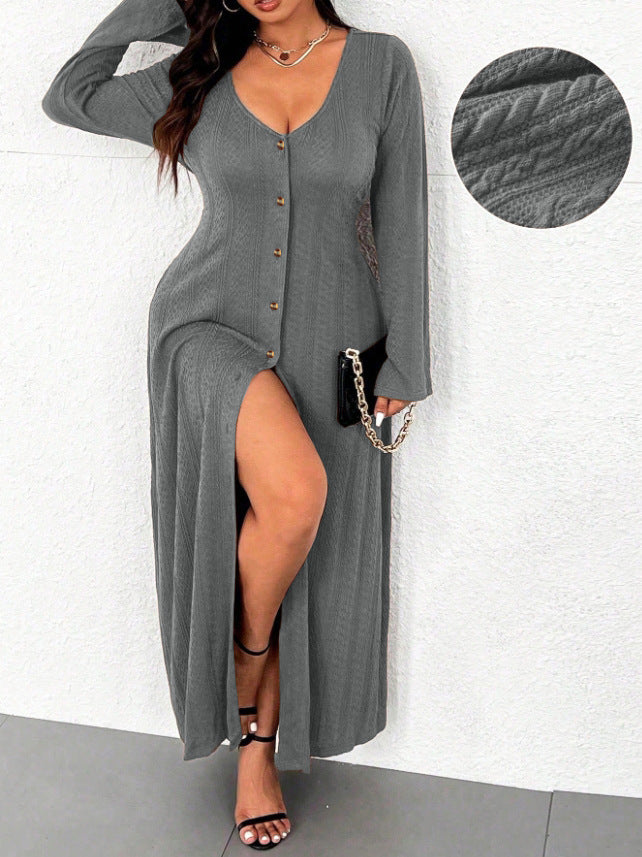 Maxi dress for women with button placket and elegant slit Lune London
