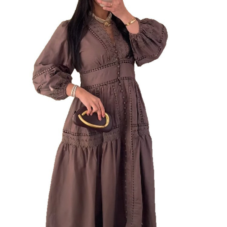 Women's maxi dress in boho style with lace inserts, button placket, and balloon sleeves Amarae