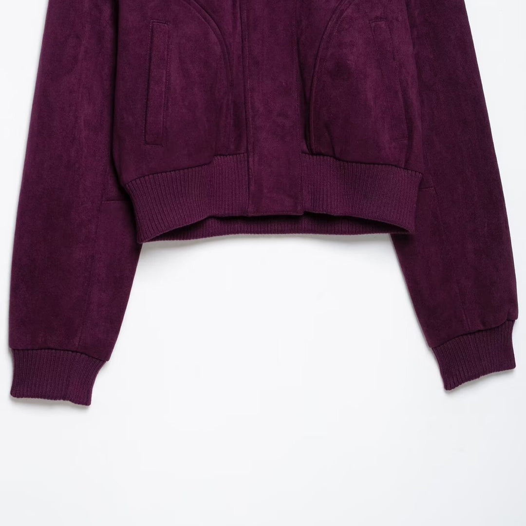 Women Cropped Velvet Jacket in Bomber Style with High Ribbed Collar and Waistband Amarae