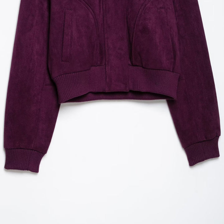 Women Cropped Velvet Jacket in Bomber Style with High Ribbed Collar and Waistband Amarae