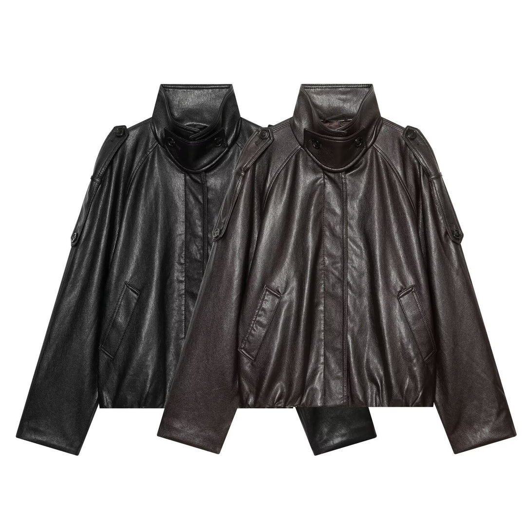 Women's short-cut leather look blouson jacket with high funnel collar, shoulder tabs and integrated patch pockets Amarae