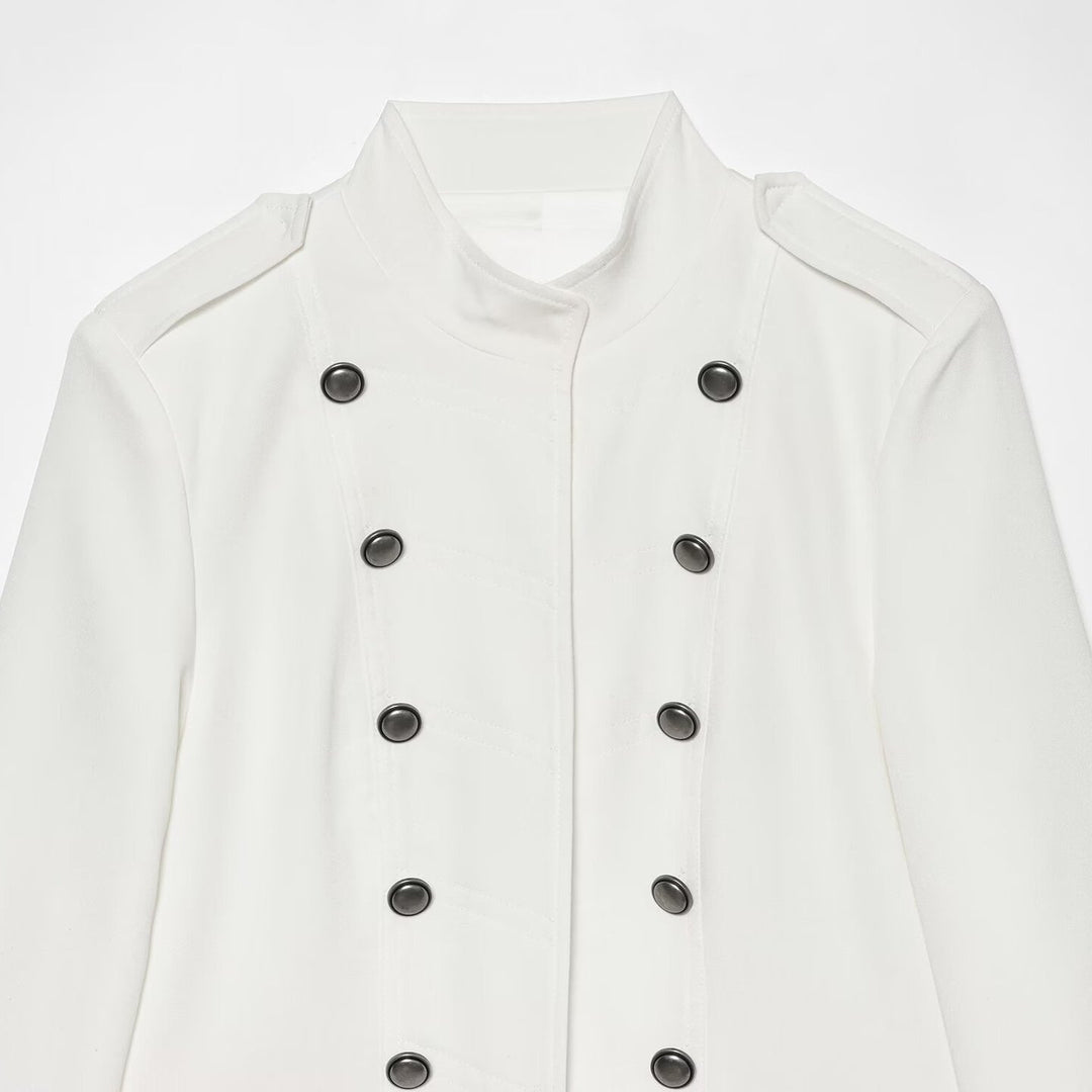 Women Short Military-Inspired Double-Breasted Jacket with Stand Collar and Flap Pockets Amarae