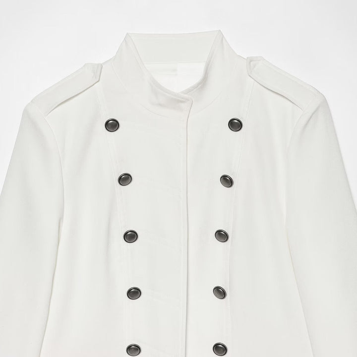 Women Short Military-Inspired Double-Breasted Jacket with Stand Collar and Flap Pockets Amarae