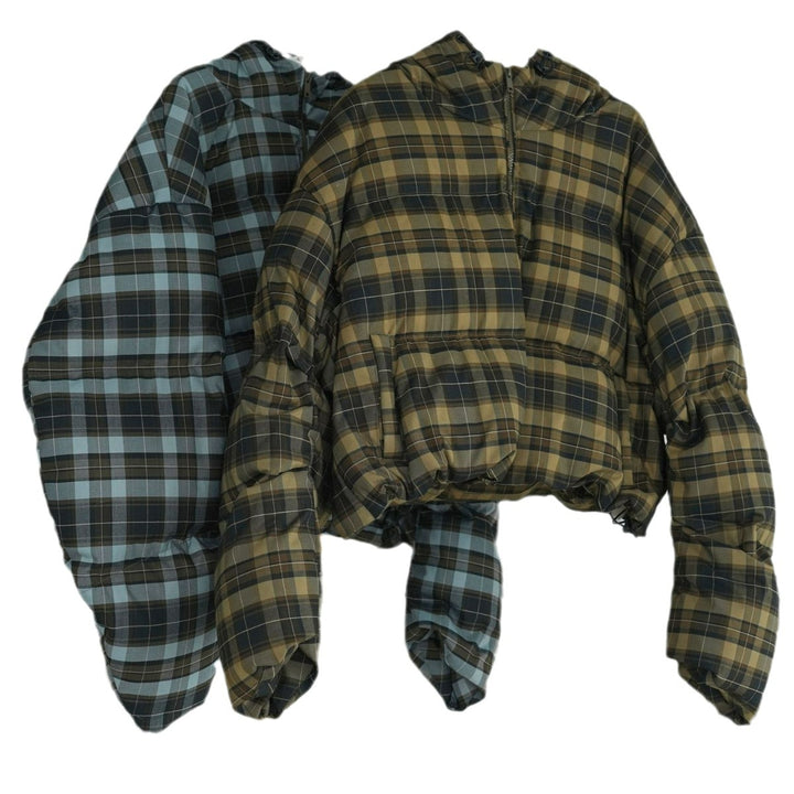 Ladies Short-Cut Padded Hooded Quilted Jacket in Checkered Pattern Amarae