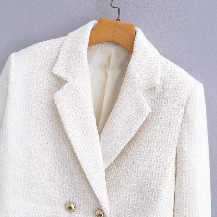 Women's Cropped Bouclé Tweed Blazer with Boxy Silhouette and Golden Decorative Buttons Amarae