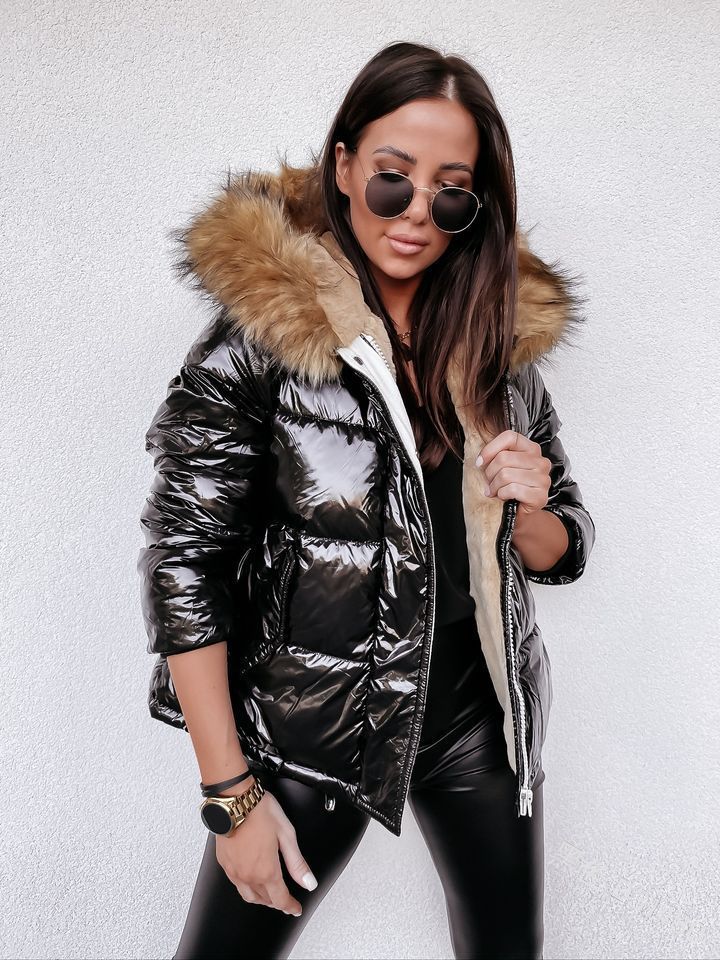 Women Shiny Winter Jacket with Removable Hood and Faux Fur Collar Lune London