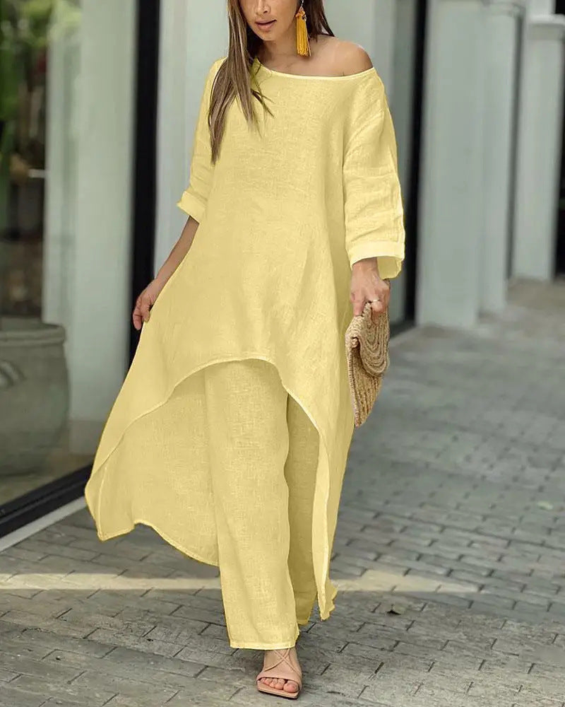 Women's airy linen-blend tunic set with wide palazzo pants Amarae