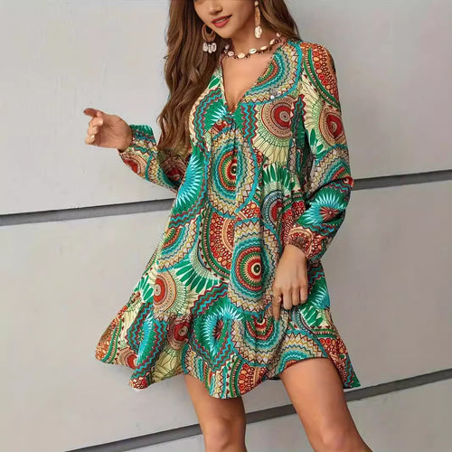 Ladies Slim Playful Dress with Colorful Pattern and Chic Buttons and Style