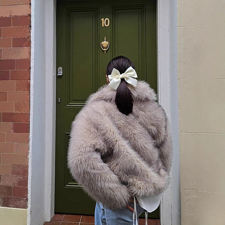 Women Short Boxy Jacket made of high-pile faux fur with high shawl collar Amarae