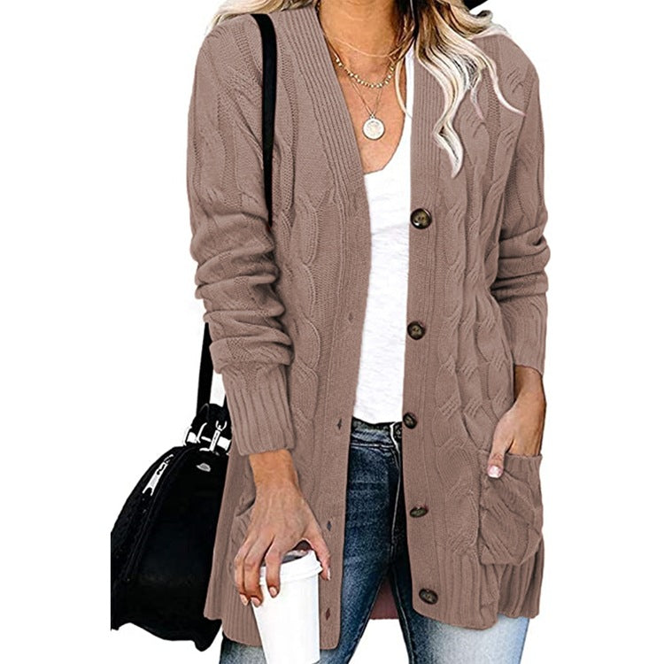 Rough knit cardigan for women with button details and practical pockets Lune London