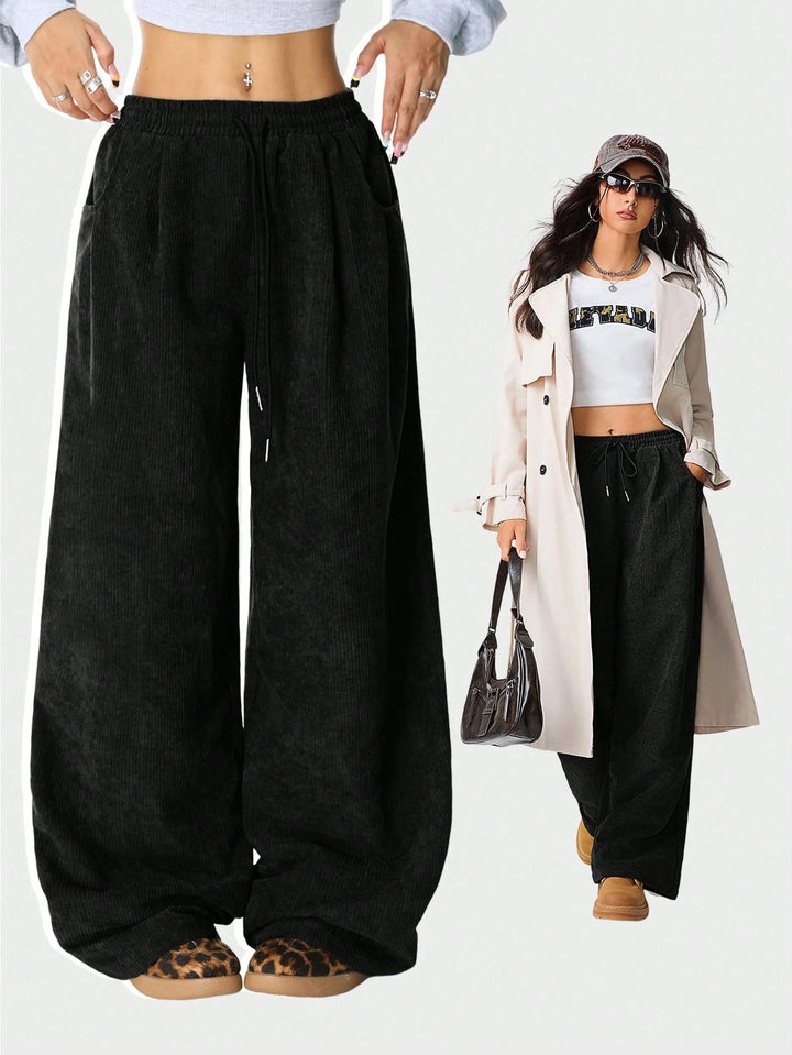 Wide corduroy pants for women with elastic waistband Lune London